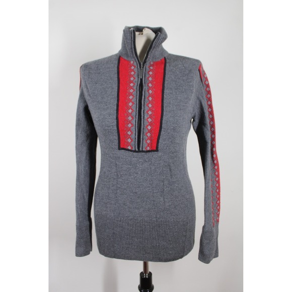 Eddie Bauer Sweaters - Eddie Bauer M Gray Red 1/4 Zip Merino Wool Fair Isle Mock Neck Sweater